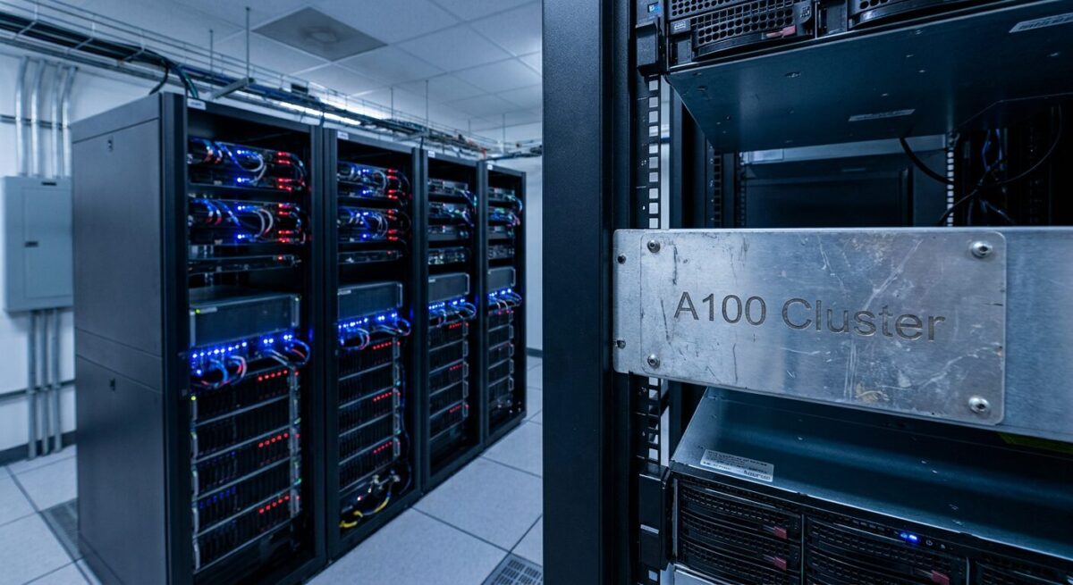 Серверная комната с GPU кластерами для обучения моделей