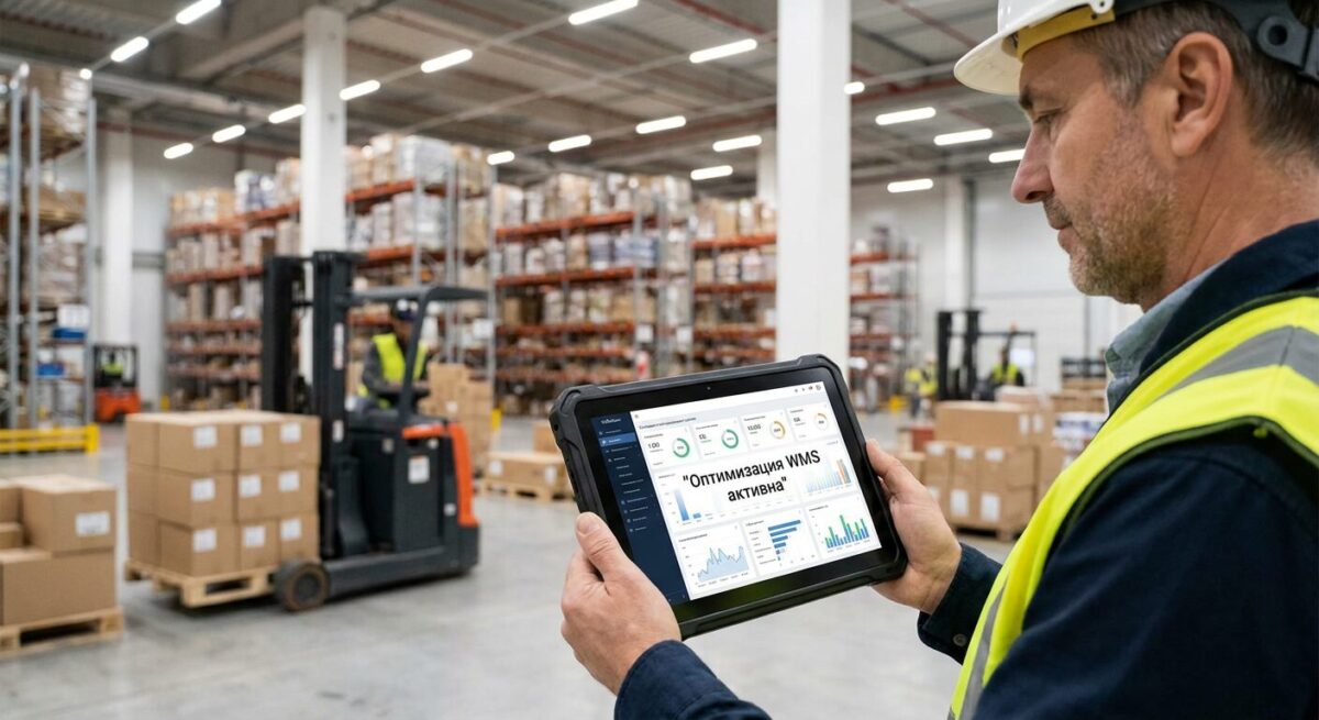 Руководитель склада контролирует работу облачной WMS системы на планшете