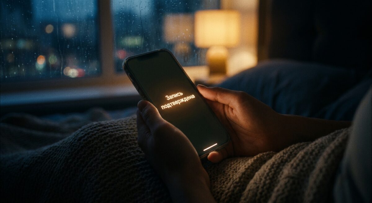 Клиент бронирует услугу ночью через смартфон