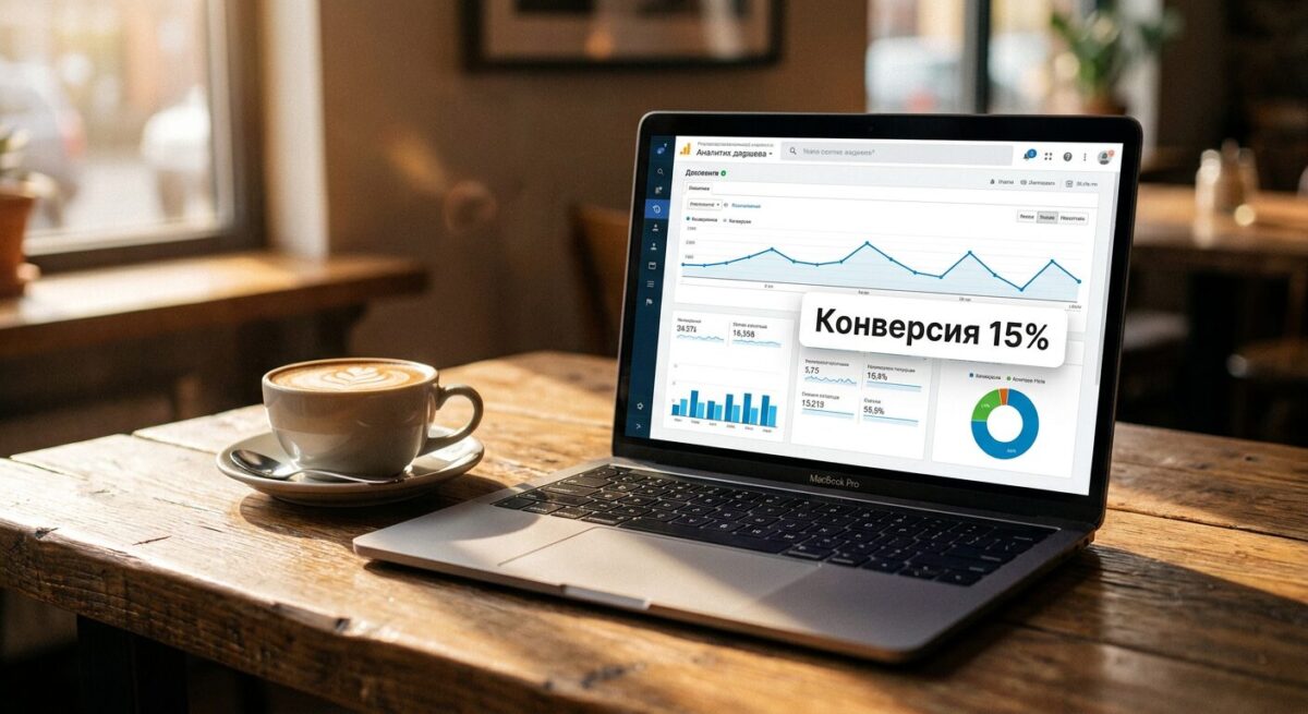 Аналитика конверсии чат-бота на экране ноутбука