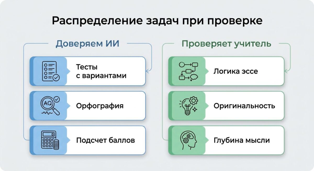Схема распределения задач между нейросетью и учителем при проверке школьных работ