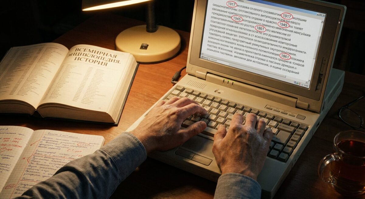 Учитель проверяет исторические факты и даты за нейросетью с помощью энциклопедии