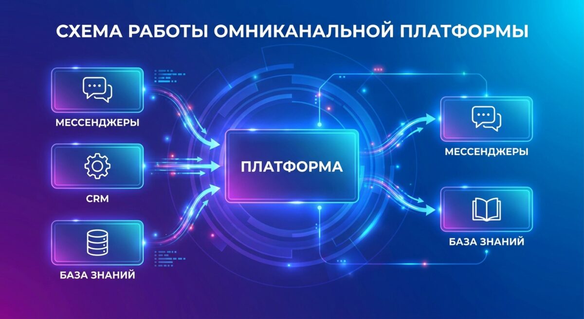 Схема интеграции мессенджеров, CRM и базы знаний через омниканальную платформу