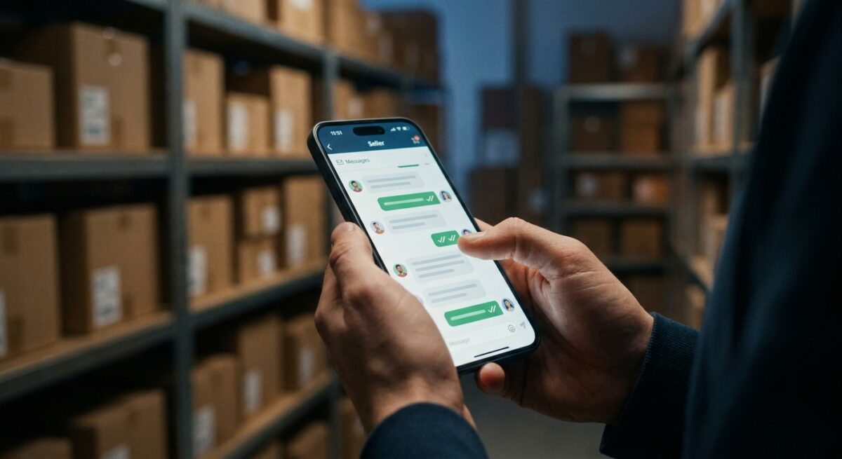 Селлер отвечает на сообщения покупателей со смартфона на складе