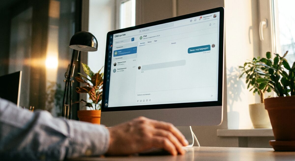 Интерфейс CRM системы с открытой карточкой клиента и историей переписки