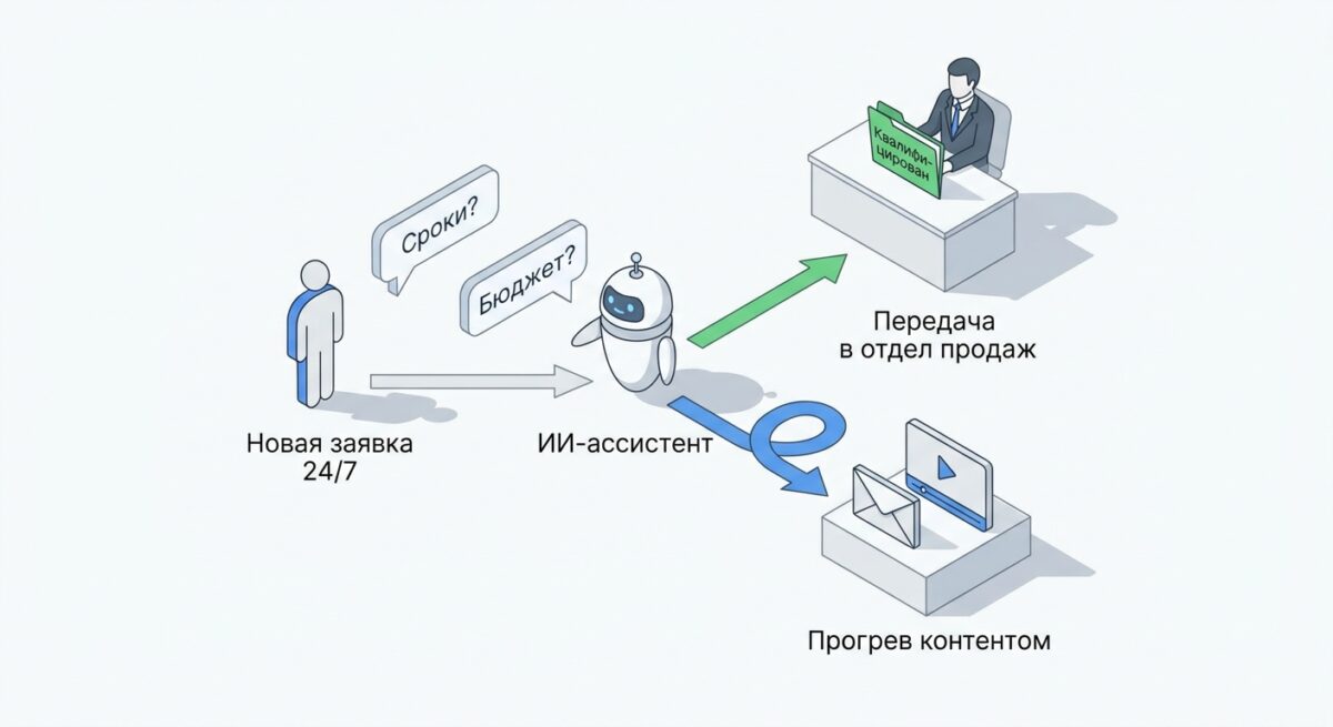 Схема бесшовной передачи квалифицированного лида от ИИ-ассистента к менеджеру по продажам.