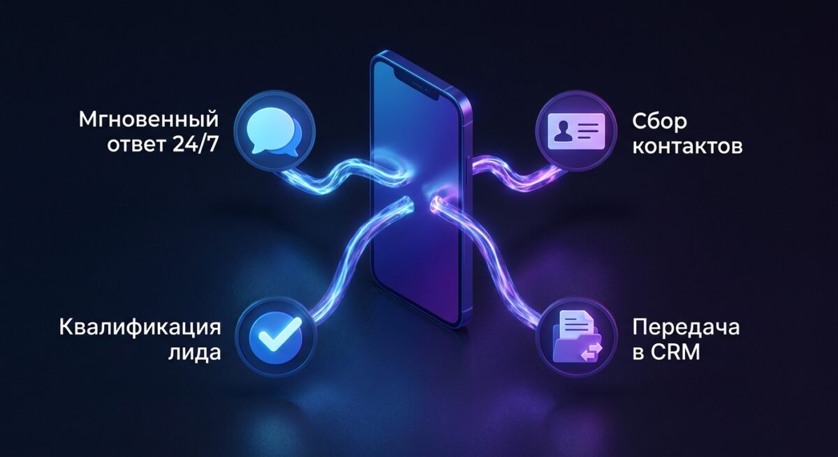 Схема работы ИИ-ассистента: ответ, сбор контактов, квалификация, передача в CRM.