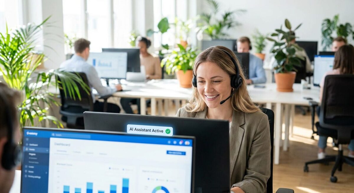 Довольный оператор работает с ИИ-помощником